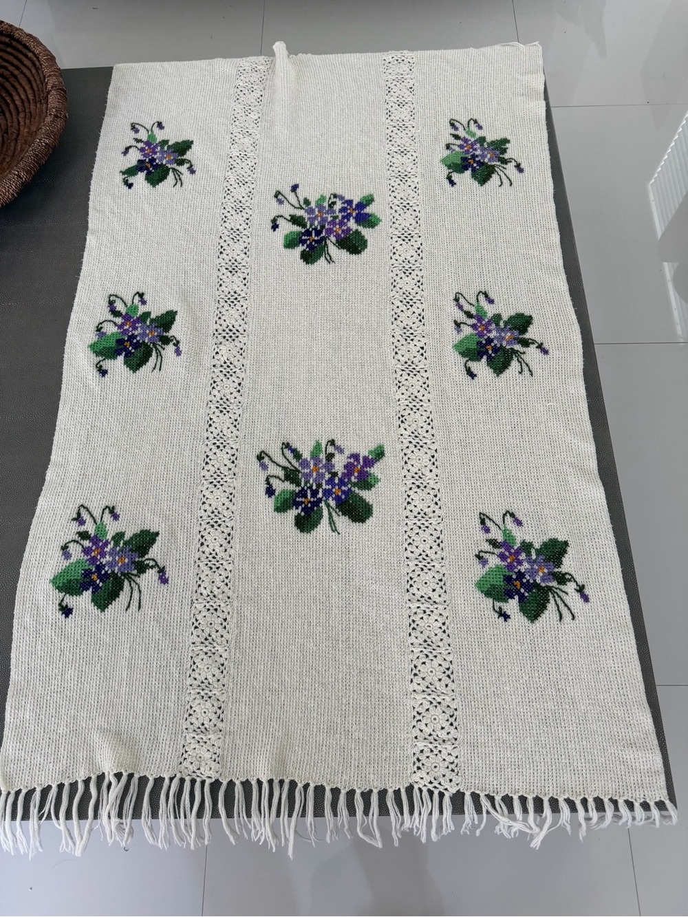 Embroidered Floral Crochet throw blanket- Purple & Green Violets